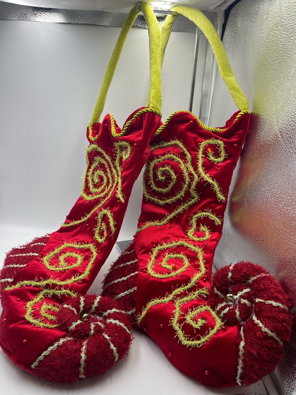 2 Rare VTG Whimsical Red Velvet Elf Christmas Stockings w/Curved Toe Beads Bells